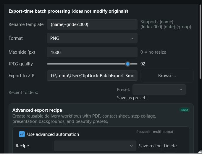 Actual ClipDock 2.1 advanced export recipe dialog with reusable multi-output delivery settings