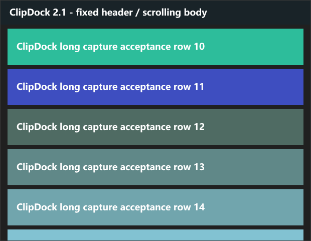 Actual ClipDock 2.1 controlled acceptance window for manual scrolling capture