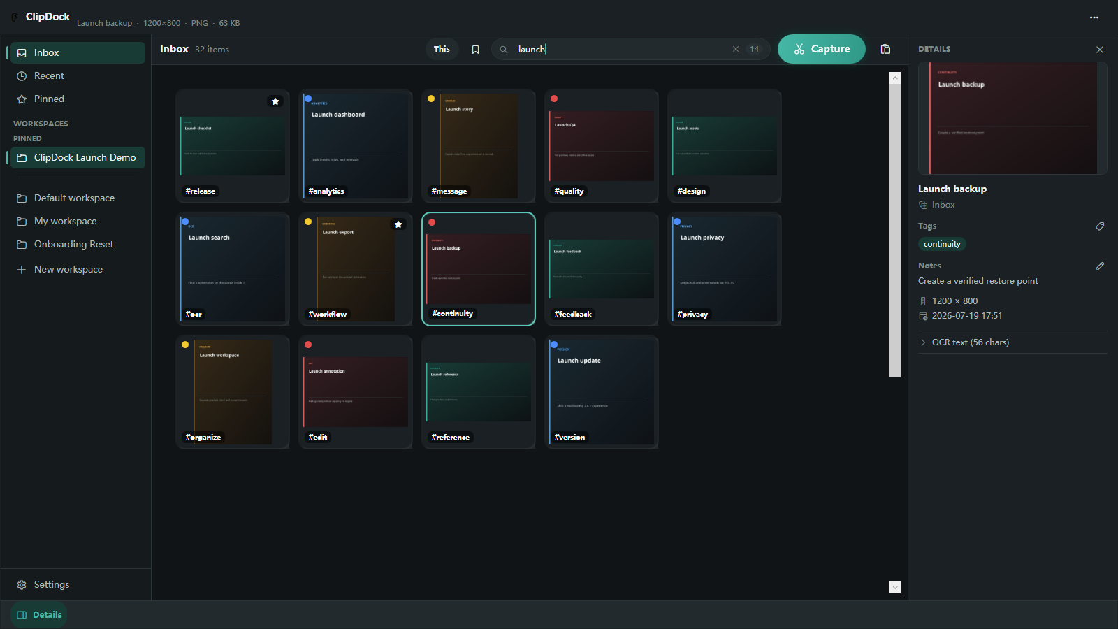 ClipDock local OCR search for launch showing 14 matching screenshots while keeping the Details inspector open