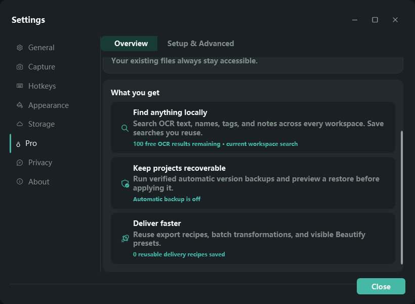 Actual ClipDock 2.1 Pro panel showing full-library search, automatic version backups and reusable export recipes