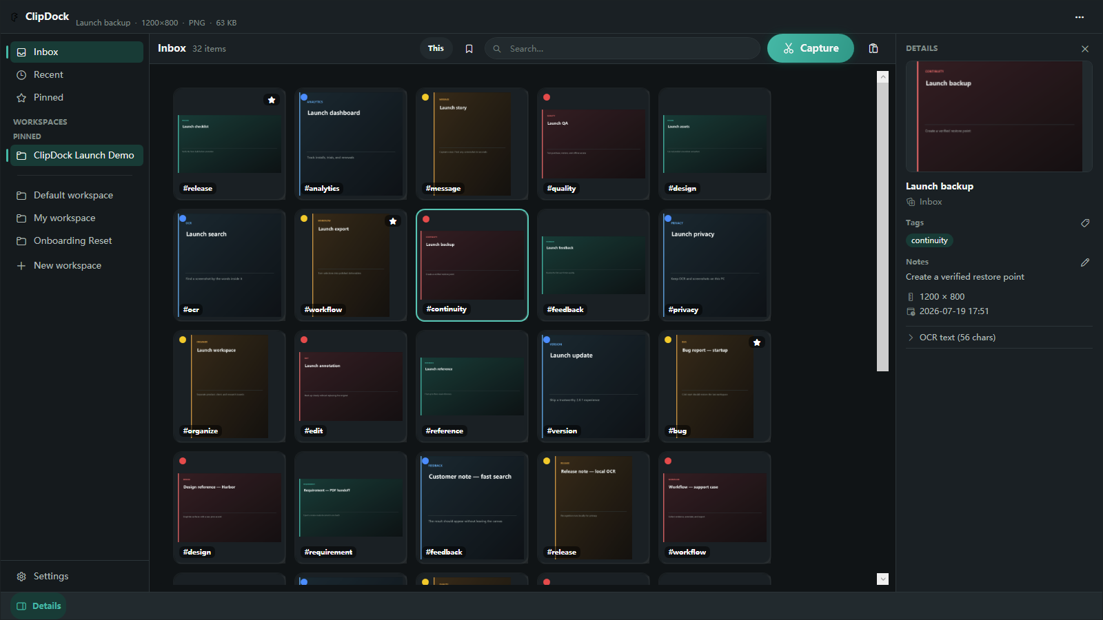Actual ClipDock workspace containing organized screenshot references